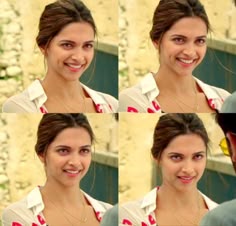 four different pictures of a woman smiling and making an odd face with her hair pulled back