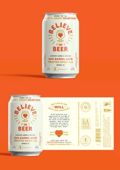 two cans of beer on an orange background, one with the label for belie me beer