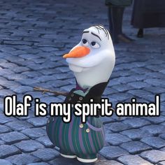 a cartoon character with an orange nose is standing in front of a cobblestone street