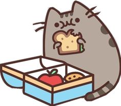 an image of a cat with food in it's mouth and apple inside the box