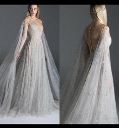 a woman in a wedding dress with long sleeves and a veil on her head is shown