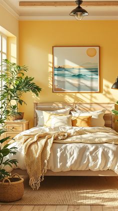 a bed sitting in a bedroom next to a potted plant on top of a wooden floor