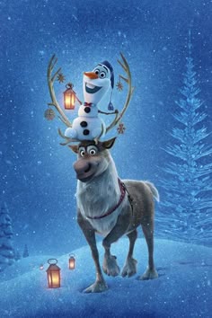a cartoon character is standing in the snow with his head turned to look like a reindeer