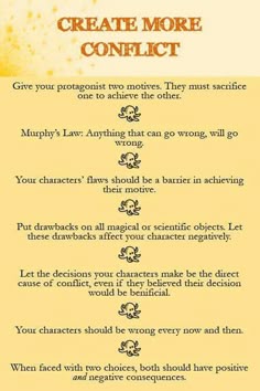 a yellow poster with words on it that say create more conflict, and an image of the