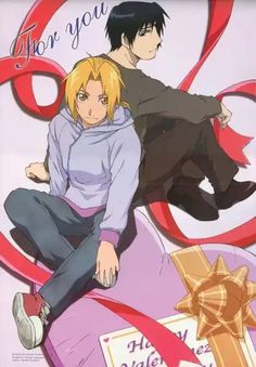 two anime characters sitting on top of each other in front of a heart shaped background