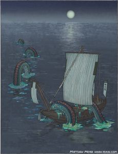 an image of a boat floating in the ocean at night with moon and waves behind it