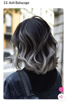 Black Hair With White Highlights Short, Black Hair White Highlights Short, Ash Balayage On Black Hair Short, Black Silver Hair, Grey And Black Hair, Short Black Hair With Grey Balayage, Gray And Black Hair, Black Hair With Platinum Highlights Short Hair, Black To Grey Ombre Hair Medium