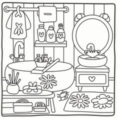 a black and white drawing of a bathroom