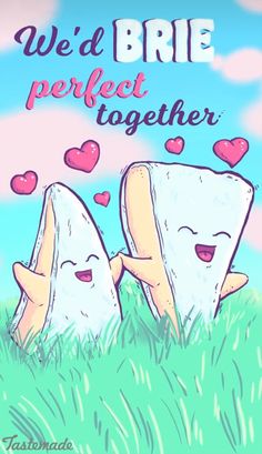 two cartoon characters laying in the grass with hearts coming out of their mouths and text reading we'd be perfect together