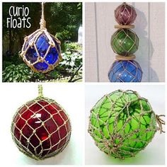 four different colored glass balls hanging from strings and roped together with text overlay that reads, quirky floats