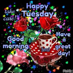 a cup of coffee and some roses on a black background