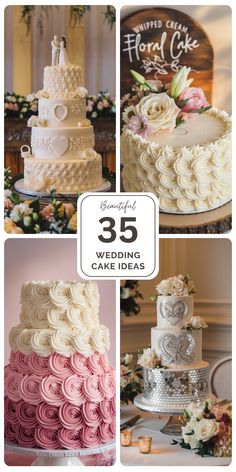 wedding cake ideas for the bride and groom to be featured in this postcard design