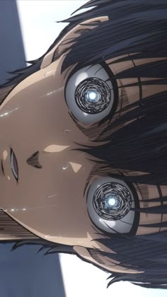 an anime character with two glowing eyes and long black hair, staring at the camera