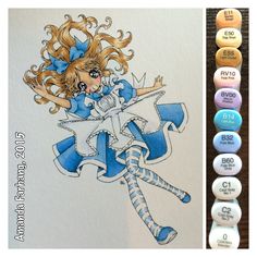 a drawing of a girl with long blonde hair and blue dress is next to some markers