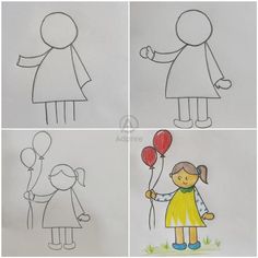 four different drawings of children holding balloons