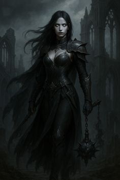 A mysterious female shadar-kai cleric with ash-gray skin, silver eyes, and long black hair. She wears dark ceremonial armor with sharp, gothic detailing and carries a spiked flail glowing with necrotic energy. Background: a ruined cathedral under stormy skies.