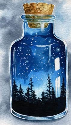 a painting of a blue jar with trees in it and a gold crown on top