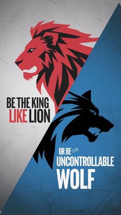 the lion and the wolf are depicted in two different color variations, one is red, one is blue