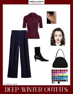 Deep Winter Seasonal Color: The Ultimate Guide - Gabrielle Arruda Deep Winter Color Outfits Style, Deep Winter Outfits Style, Deep Winter Color Palette Outfits Style, Dark Winter Outfits Ideas, Deep Winter Color Palette Outfits Ideas, Deep Winter Work Outfits, Deep Winter Palette Outfits Style, Best Hair For Deep Winter, Dark Deep Winter