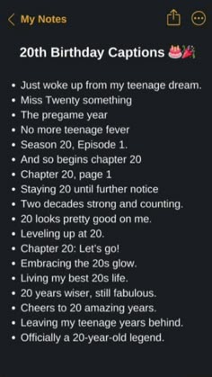 a birthday card with the words 20th birthday captions