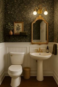 a white toilet sitting next to a sink in a bathroom under a golden framed mirror