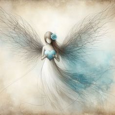 a painting of an angel holding a blue heart with long hair on it's back