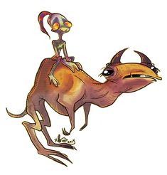 an alien riding on the back of a small animal with long horns and large eyes