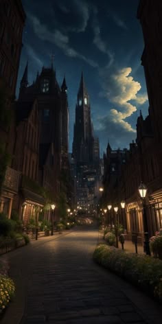 a city street at night with the moon in the sky and buildings on both sides