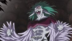 an anime character with green hair holding his arms out in front of him and saying, look at this