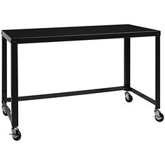 a black table sitting on top of a metal frame with two wheels and a white background