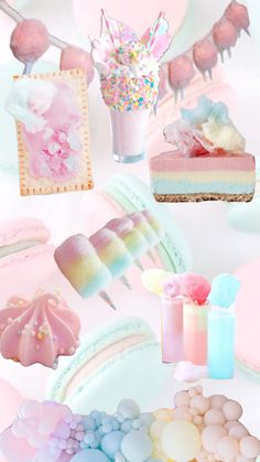 there are many different types of desserts on the table with pink and blue decorations