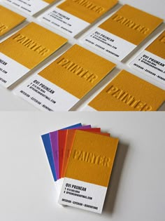 the business cards have different colors and font on them