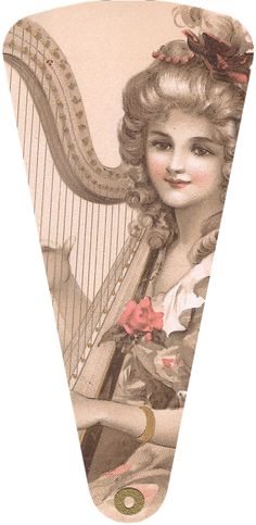an old - fashioned image of a woman with a harp and roses in her hair