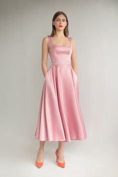 Satin Frock Dress, Pink Satin Frock, Midi Satin Dresses, Square Neckline Midi Dress, Midi Gown Dress, Squared Neckline Dresses, Satin Dresses Midi, Midi Dress Satin, Sister Dress