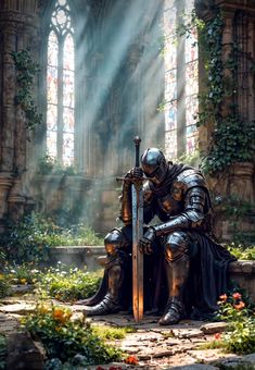 a knight sitting on top of a statue in front of a stained glass window with sunlight streaming through it