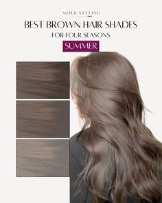 Muted, cool, and soft – Summer season brown hair shades are all about effortless elegance. If your tones are cool and delicate, these ashy and beige brown hues are made for you! Save this for future hair inspiration. #softbrown #cooltones #summerbeauty Cool Undertone Brown, Ash Brown Hair Color Without Bleach, Soft Cool Brown Hair, Soft Mushroom Brown Hair, Soft Summer Hair Color Brown, Ash Brown Hair Color Palette, Matte Ash Brown Hair, Cool Toned Medium Brown, Hair Color For Muted Summer