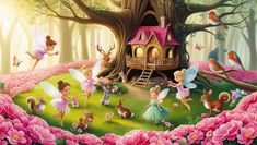 there is a fairy tree house surrounded by pink flowers and other animals in the forest