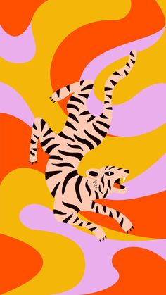 Pink tiger with black stripes centered with yellow, red, and purple psychedelic swirls in the background.