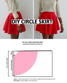 a woman in a white shirt and red skirt with the text diy circle skirt