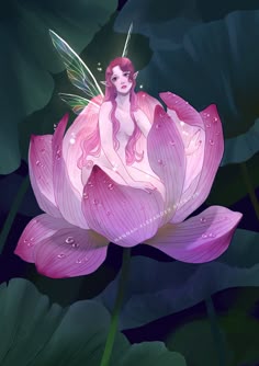 a fairy sitting on top of a pink flower