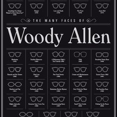 the many faces of woody allen poster with glasses on it's face and words above them