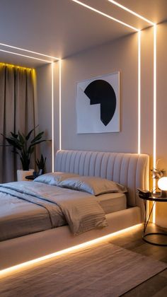 a bed with white sheets and pillows in a room that has lights on the walls
