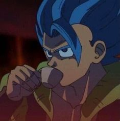 an anime character with blue hair drinking out of a cup in front of his face