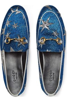 Gucci Stars, Gucci Electric Blue Jordaan Leather Loafers, Gucci Glitter Loafers, Gucci Shoes With Stars, Gucci Aquamarine Loafers, Gucci Loafer Blue, Navy Gucci Shoes, Navy Gucci Loafers, Navy Blue Gucci Loafers