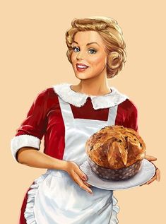 a painting of a woman holding a loaf of bread on a plate in front of her