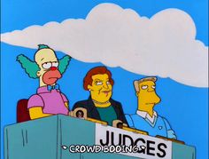 three cartoon characters sitting in front of a judge's box with the words judges above them