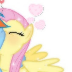 a pink and blue pony with hearts floating out of it's mouth, on a white background