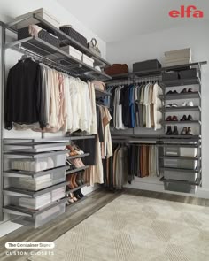 an organized closet with clothes and shoes