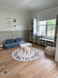 a living room filled with furniture and a rug on top of a hard wood floor