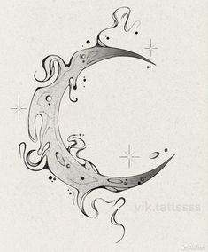 a drawing of a crescent with stars and swirls on it's side, in the shape of a crescent